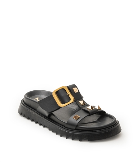MILLE LUCI STUDDED FLAT SANDALS IN BLACK