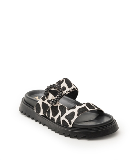 MILLE LUCI BLACK SANDALS IN COW PRINT