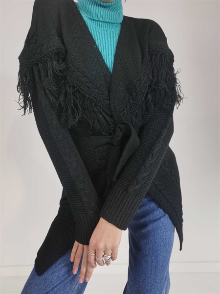 COMBOS KNITWEAR W-222 CARDIGAN WITH FRINGES BLACK
